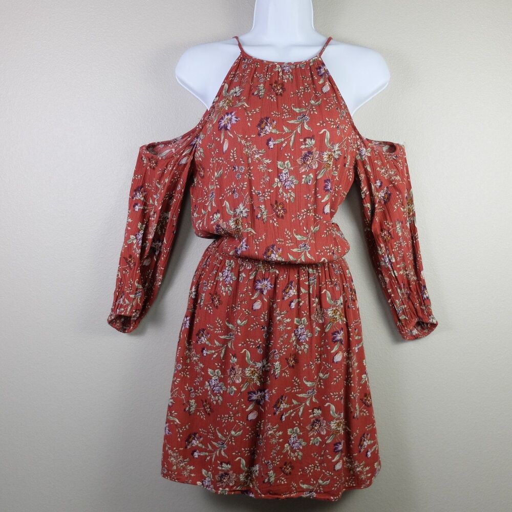American Eagle Outfitters Red Floral Long Sleeve Cold Shoulder Dress Size Small